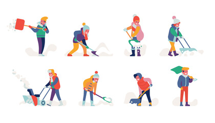 Set of flat vector cheerful happy characters on winter snow shoveling. A collection of minimalist styled colorful people working with shovels clearing snowdrift streets wearing winter clothes