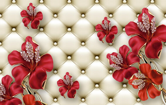 3d wallpaper beautiful red flower leather base background for surface Stock  Illustration | Adobe Stock