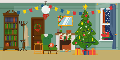 Winter holidays decorated living room interior flat style vector illustration. Sitting room scene with fireplace, door, window, bookcase with Christmas items: xmas tree, garlands, socks, gifts, wreath