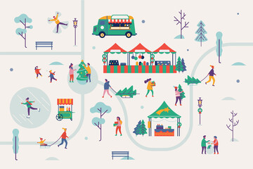 Winter festival concept illustration with people enjoying nature in snowy weather, ice skating, tobogganing, playing snow balls, preparing for holidays; Christmas market or fair in winter season park  - obrazy, fototapety, plakaty