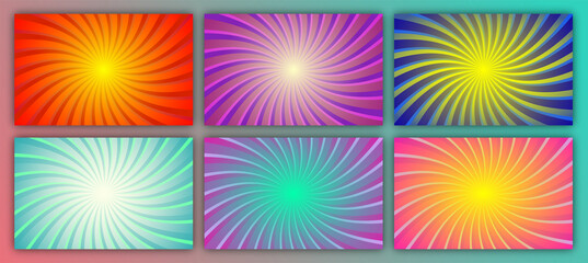 Fototapeta premium big bundle set of sunburst vintage background with space. Orange Yellow Purple Green Blue and Pink Bundle Sunburst Pattern Background. Rays. Radial. Summer Banner. Vector Illustration 