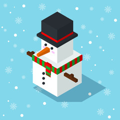 snowman cubic isometric wear green and read pattern scarf on falling snow flake blue background