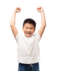 Happy healthy kid with strong hands up isolated on white background