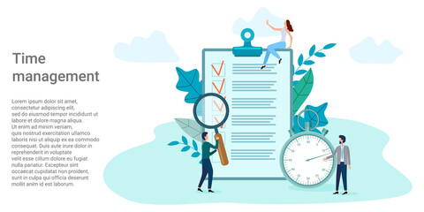 Fototapeta na wymiar Time management.People on the background of the task list and the clock solve the tasks.Poster in business style.Vector illustration.