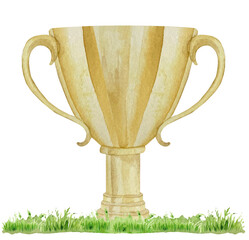 Watercolor hand drawn golden yellow sport prize cup for winner, first place, victory isolated on white.