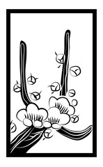 花札のイラスト　モノクロ白黒　線画　バラ単枚｜2月梅のカス｜日本のカードゲーム