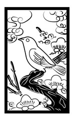 花札のイラスト　モノクロ白黒　線画　バラ単枚｜2月梅に鶯ウグイス｜日本のカードゲーム