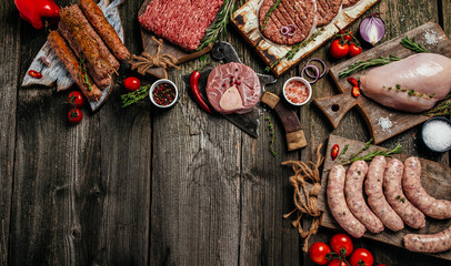 Raw meat products, different parts of the body. minced beef meat kebabs, pork, beef, chicken. banner, menu, recipe place for text, top view