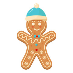 Gingerbread man in a hat. Christmas icon. Sweet homemade glazed biscuit.