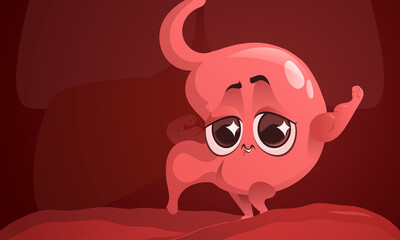 Cartoon healthy stomach in abdomen, cute character Internal organ mascot demonstrate power, show strong muscles. Tummy digestion system health care and gastroenterology medicine, Vector illustration