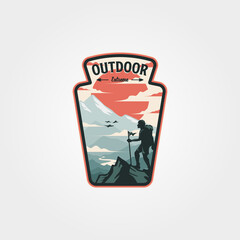 outdoor logo adventure vintage label patch illustration design, man hiking badge design