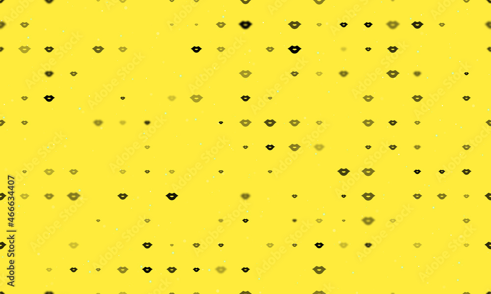 Poster seamless background pattern of evenly spaced black lips symbols of different sizes and opacity. vect