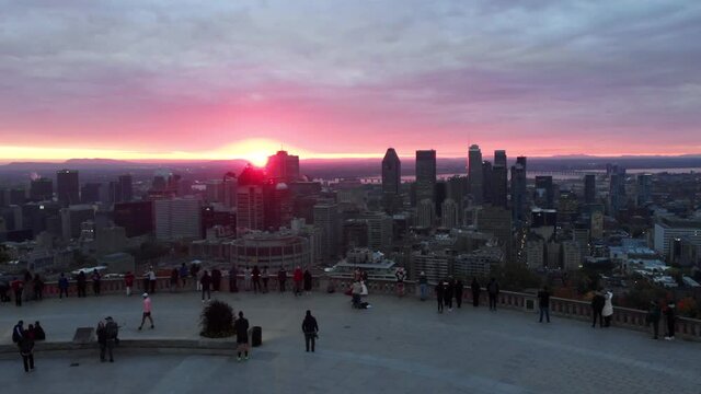 Aerial shot over the belvedere Kondiaronk, Mont-Royal Park, Montreal.