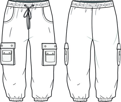 Cargo Joggers, Joggers with Pockets Front and Back View. fashion illustration vector, CAD, technical drawing, flat drawing.