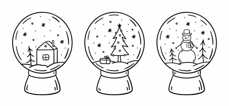 Set of glass snow globes isolated on white background. Christmas toys decorated with various winter designs inside. Vector hand-drawn illustration in doodle style. Perfect for holiday designs, cards.