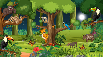 Forest at night scene with different wild animals