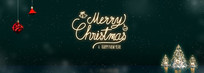 Merry Christmas and happy new year text glowing on xmas tree lamp lights with red baubles hanging on dark blue green background with snow falling.winter holiday greeting card