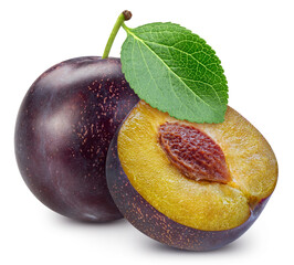 Plum and leaves, isolated on white background. Plum Full depth of field. Plum With clipping path