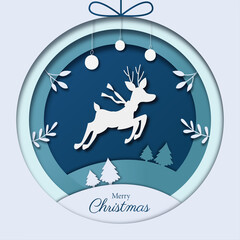 Christmas illustration in paper style with deer and pine. Vector illustration.