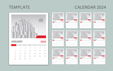 Calendar 2024 template vector, Wall calendar 2024 design, Desk calendar 2024,  calendar minimal template, Week Starts on Sunday, Set of 12 Months, Planner, advertisement, printing graphic