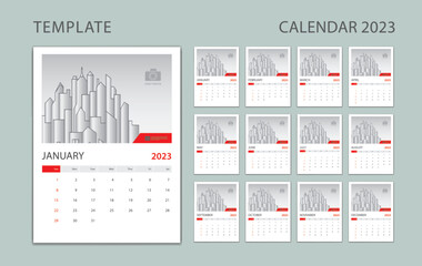 Calendar 2023 template vector, Wall calendar 2023 design, Desk calendar 2023,  calendar minimal template, Week Starts on Sunday, Set of 12 Months, Planner, advertisement, printing graphic - obrazy, fototapety, plakaty