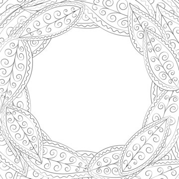 Zen doodle leaves design. Round frame for text. Vector illustration.