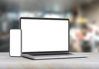 Laptop and smartphone on marble table in blurry office background, 3d illustration.