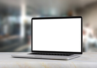 Laptop with blank screen on marble table in blurry office background, 3d illustration.