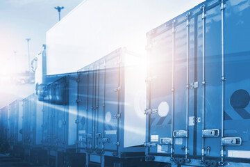 Obraz na płótnie Canvas Double Exposure of Shipping Cargo Containers with Semi Truck Driving on the Road. Delivery Service. Shipment Truck. Industry Road Freight Truck. Logistics and Cargo Transport Concept.