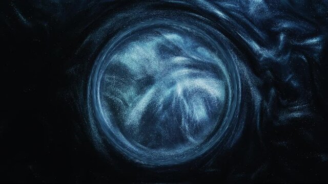 Glitter fluid swirl. Circle logo frame. Infinity wheel. Shimmering dust particles metallic blue ink flow in round whirl animation on dark abstract background layer for intro.