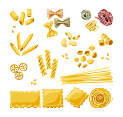 Pasta set. Handmade pasta of various shapes. Italian home cooking. Decor of the restaurant menu. Vector cartoon illustration