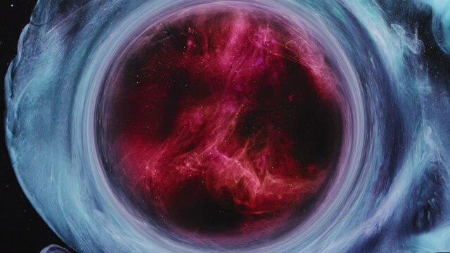Mist swirl. Logo frame. Nebula circle. Dimensional portal. Glitter dust particles pink hot flame blast animation in cold blue steam vortex flow on dark abstract background.