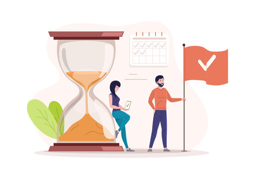 Success tiny people effective time management tasks checkpoint winner flag and schedule timetable