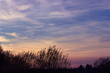 Landscape with autumn sunset and clouds.