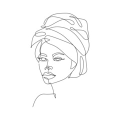 Continuous Line Drawing of Woman Head in Turban. Line Art Creative Concept Black Sketch Isolated on White Background. Female Fashion Illustration. Woman Face Abstract Drawing. Vector EPS 10