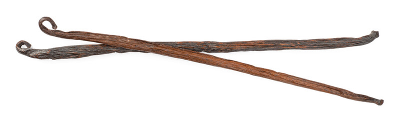 Dried vanilla pods isolated on white background, top view