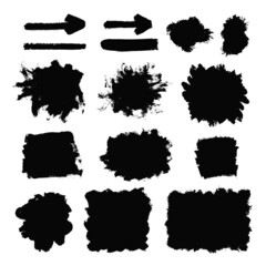 Black brush strokes, arrows and stains. Abstract hand painted texture. Vector grunge objects on white background