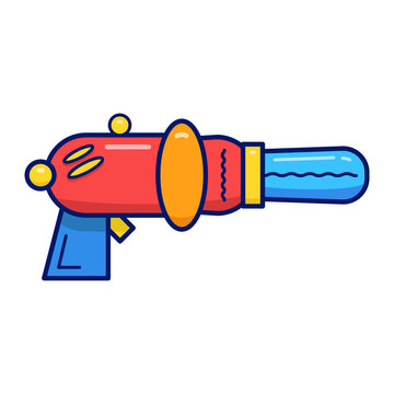 Flat vector illustration with cartoon blaster. Blue and yellow laser weapon or ray gun on isolated white background. 