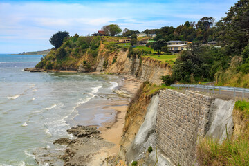 The small town of Mahia, perched on the coastal cliffs of the Mahia Peninsula, New Zealand