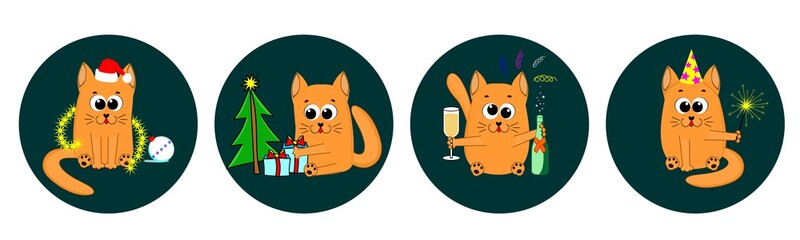 Obraz premium A set of stickers with cute funny cats celebrating new year and christmas, in cartoon style. The cat plays with tinsel, drinks champagne, receives gifts under christmas tree and lights sparklers