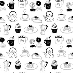 hand drawn line art. Vector illustration of cafe elements, seamless pattern 02.