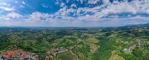 Aerial Panorama of Smartno  in Goriska Brda a Famous Wine Region of Slovenia . - obrazy, fototapety, plakaty