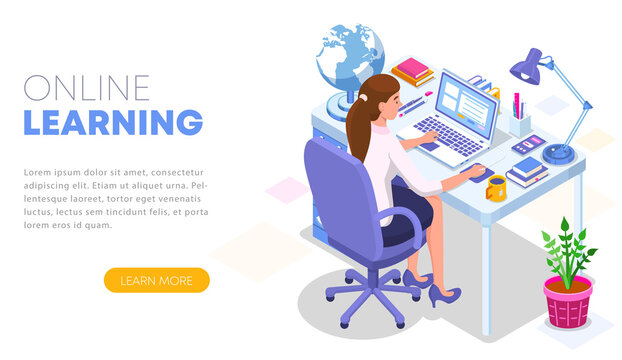 Modern flat design isometric concept of Online Learning. Landing page template illustration. Student character sitting at desk and taking online courses. Can use for web banner, infographics