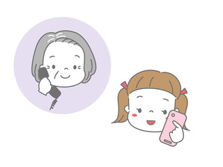 電話で話をするおばあちゃんと孫　