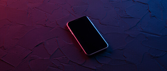 Mobile smartphone on dark red blue neon colors. Mock up.Perspective view. The layout of the device. Presentation of the interface design.