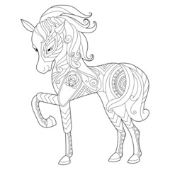 Contour linear illustration for coloring book with decorative horse. Beautiful animal,  anti stress picture. Line art design for adult or kids  in zen-tangle style, tatoo and coloring page.