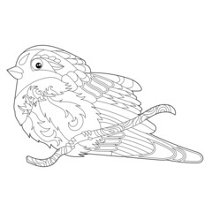 Contour linear illustration for coloring book with decorative pretty waxwing. Beautiful cute bird,  anti stress picture. Line art design for adult or kids  in zen-tangle style, tatoo and coloring page