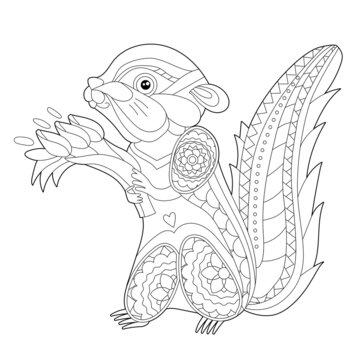Cute chipmunk with present flowers. Doodle style, black and white background. Funny winter animal, coloring book pages. Hand drawn illustration in zentangle style for children and adults, tattoo.