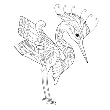 Contour linear illustration for coloring book with decorative pretty heron. Beautiful cute bird,  anti stress picture. Line art design for adult or kids  in zen-tangle style, tatoo and coloring page.