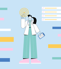 Female doctor checking up the medical health of the patient looking like clicking on some button with the list of examination tests behind her